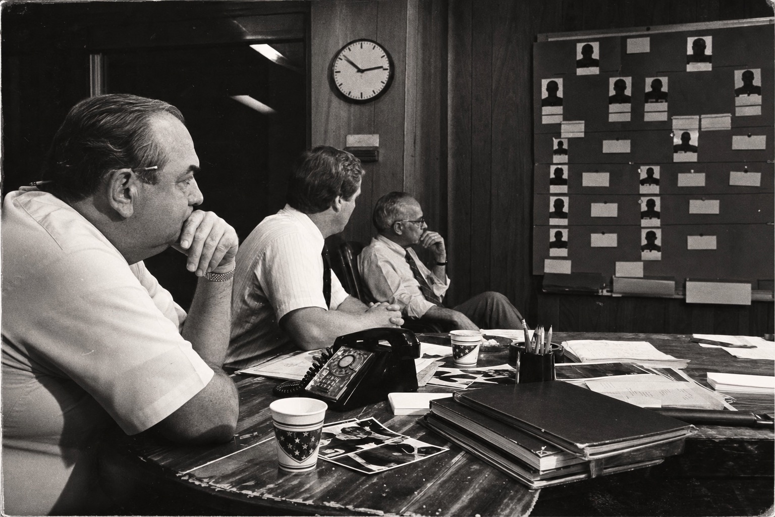 A fictional black-and-white football draft room from the SimLegends archive